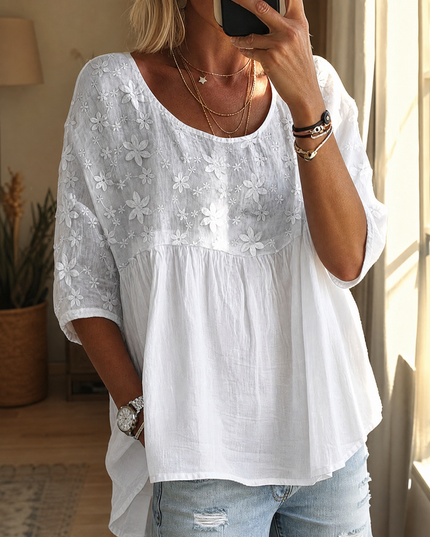 Women's Short Sleeve Blouse with Floral Embroidery