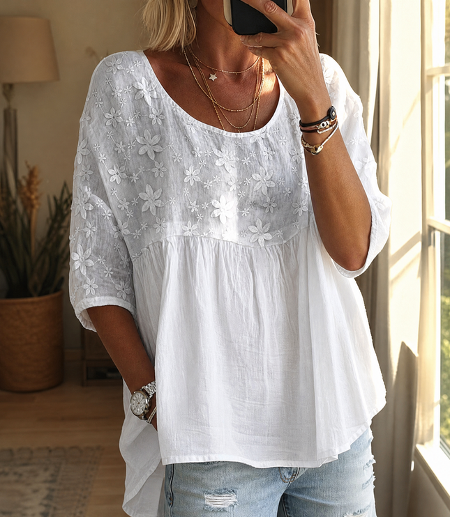 Women's Short Sleeve Blouse with Floral Embroidery