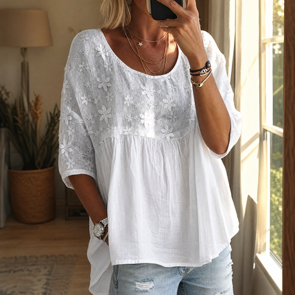Women's Short Sleeve Blouse with Floral Embroidery
