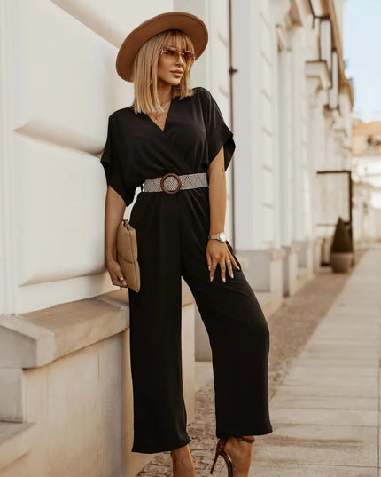 Women's Short Sleeve Jumpsuit with a Wrap Front and Wide Leg