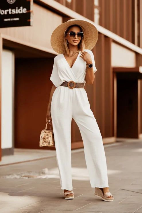 Women's Short Sleeve Jumpsuit with a Wrap Front and Wide Leg