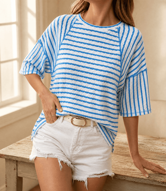 Women's Short Sleeve Knit Top in Stripes with a Relaxed Fit