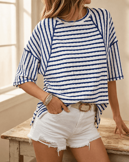 Women's Short Sleeve Knit Top in Stripes with a Relaxed Fit