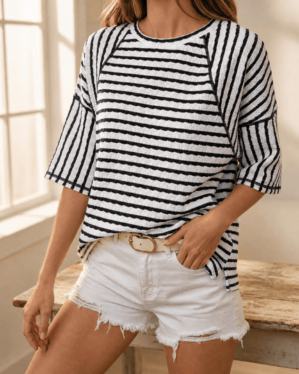 Women's Short Sleeve Knit Top in Stripes with a Relaxed Fit