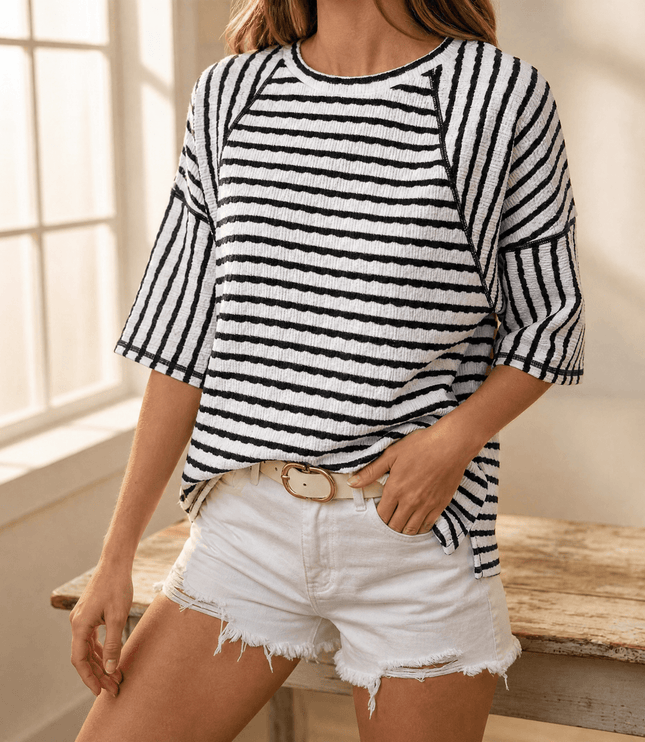 Women's Short Sleeve Knit Top in Stripes with a Relaxed Fit