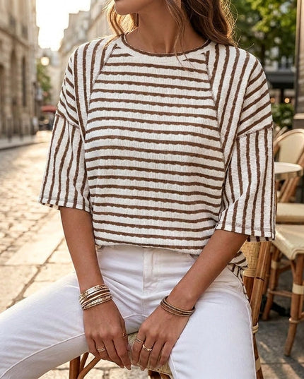 Women's Short Sleeve Knit Top in Stripes with a Relaxed Fit