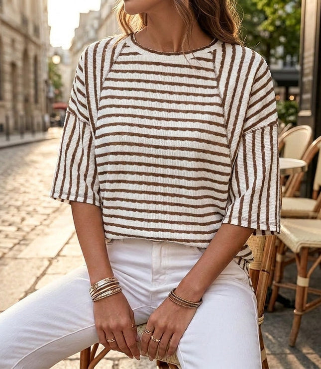 Women's Short Sleeve Knit Top in Stripes with a Relaxed Fit