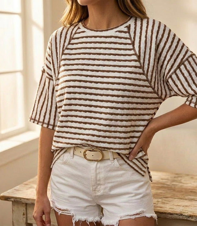 Women's Short Sleeve Knit Top in Stripes with a Relaxed Fit