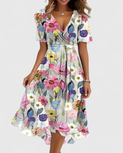 Women's Short Sleeve Midi Dress with a V-Neck and Floral Print