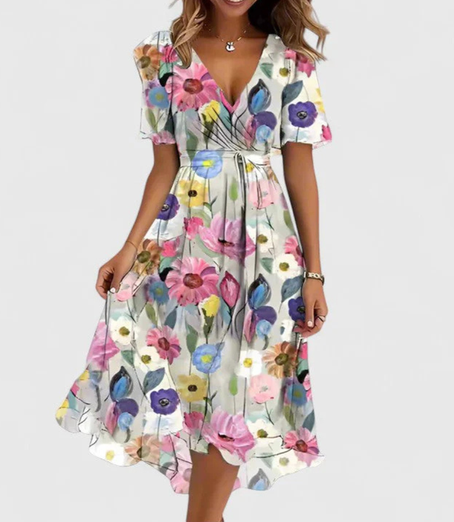 Women's Short Sleeve Midi Dress with a V-Neck and Floral Print