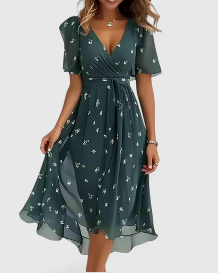 Women's Short Sleeve Midi Dress with a V-Neck and Floral Print
