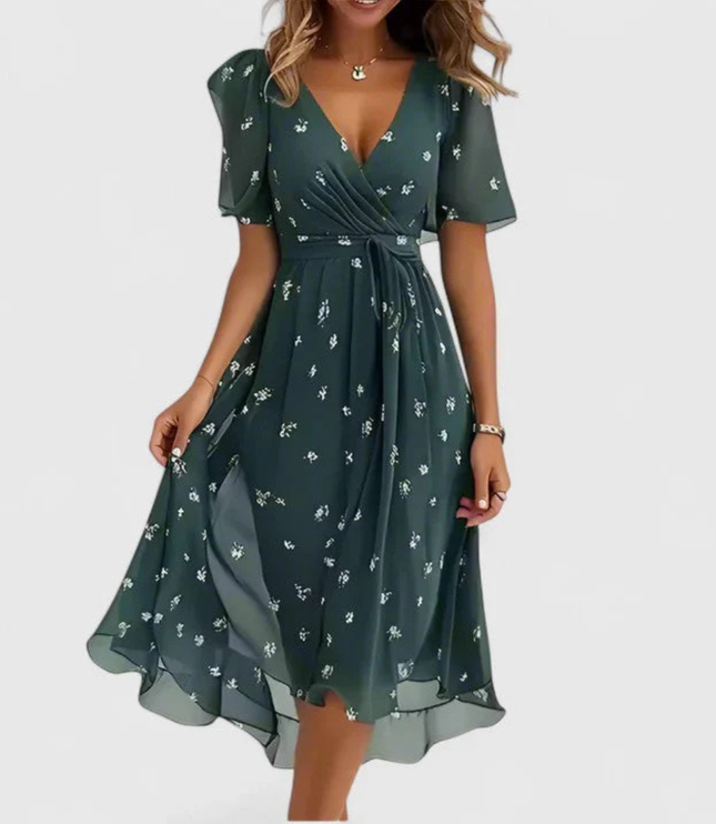 Women's Short Sleeve Midi Dress with a V-Neck and Floral Print