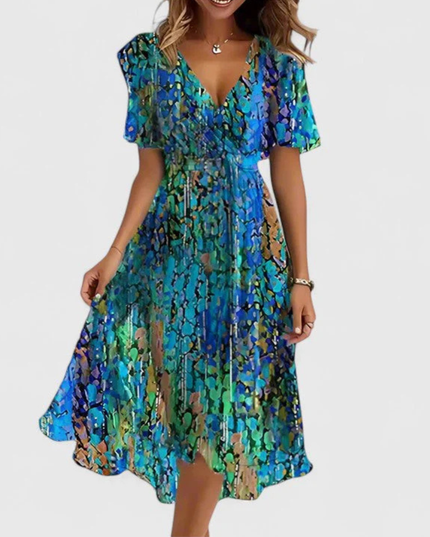 Women's Short Sleeve Midi Dress with a V-Neck and Floral Print