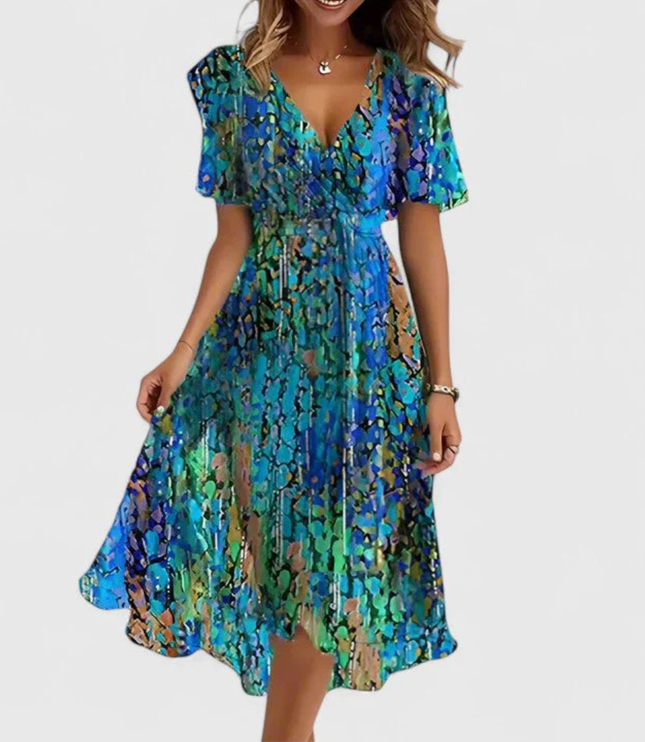 Women's Short Sleeve Midi Dress with a V-Neck and Floral Print