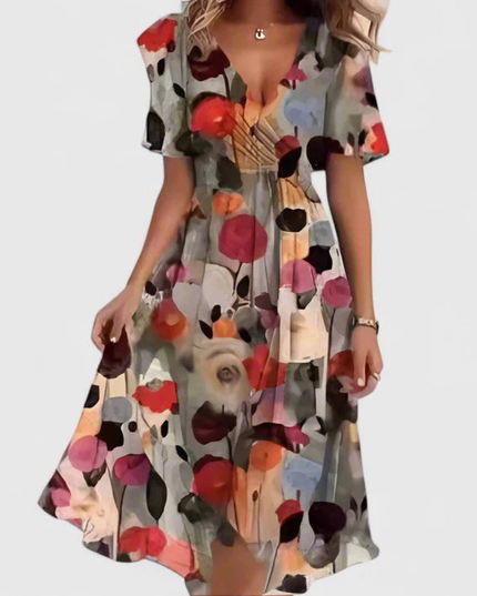 Women's Short Sleeve Midi Dress with a V-Neck and Floral Print