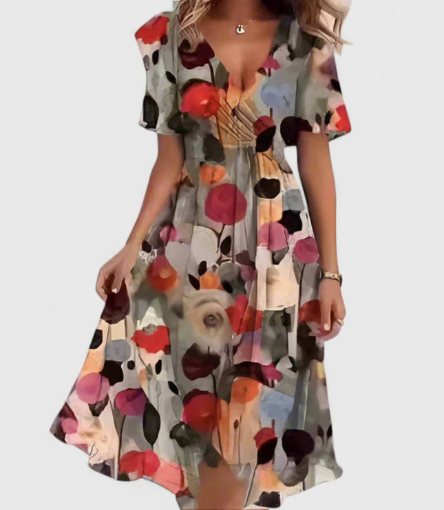 Women's Short Sleeve Midi Dress with a V-Neck and Floral Print
