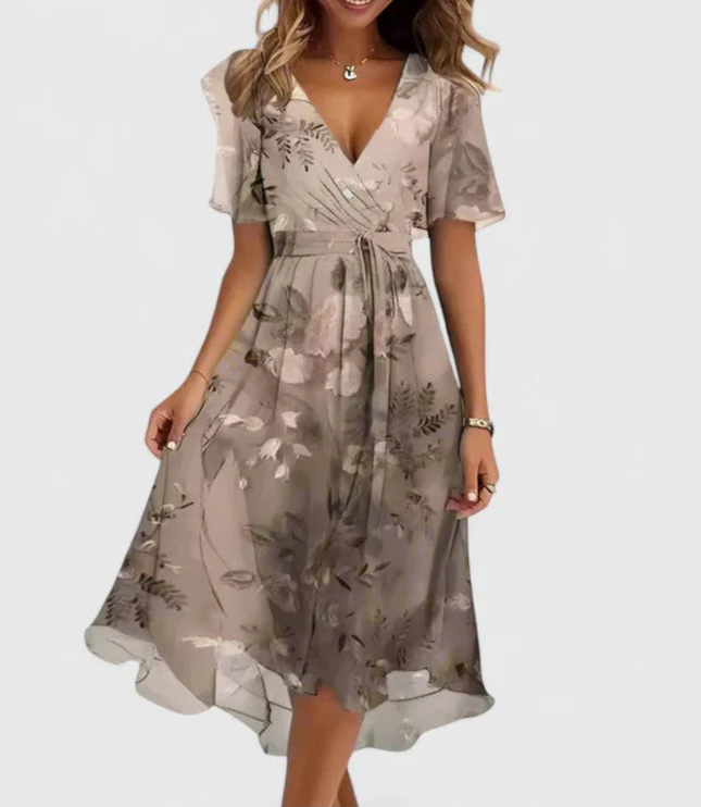Women's Short Sleeve Midi Dress with a V-Neck and Floral Print