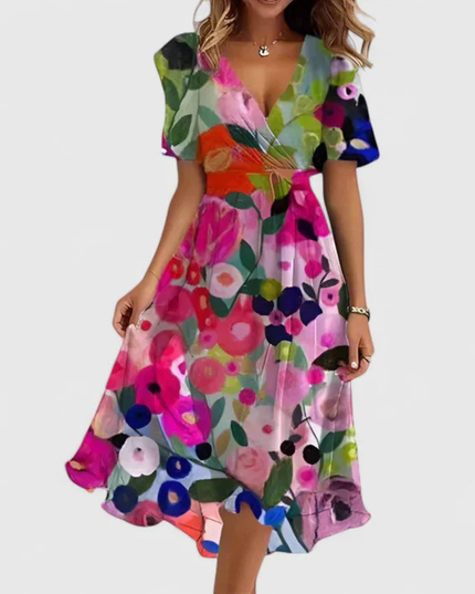 Women's Short Sleeve Midi Dress with a V-Neck and Floral Print