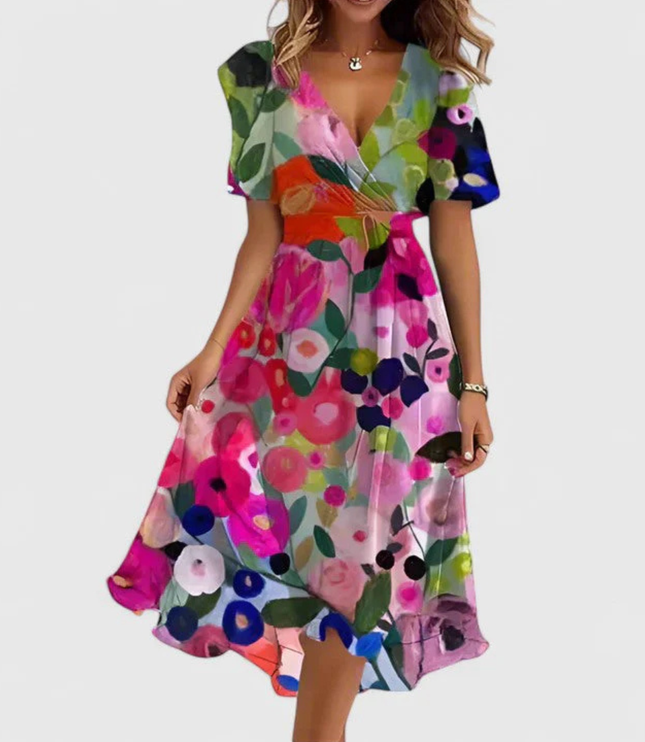 Women's Short Sleeve Midi Dress with a V-Neck and Floral Print