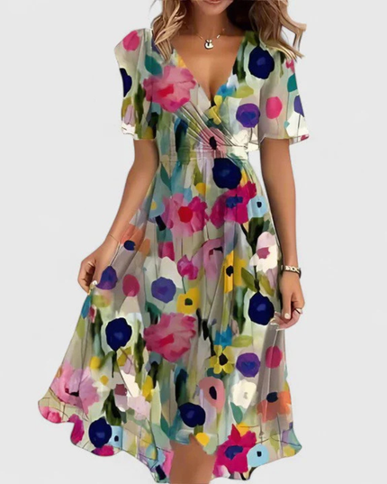 Women's Short Sleeve Midi Dress with a V-Neck and Floral Print