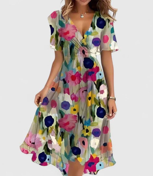 Women's Short Sleeve Midi Dress with a V-Neck and Floral Print
