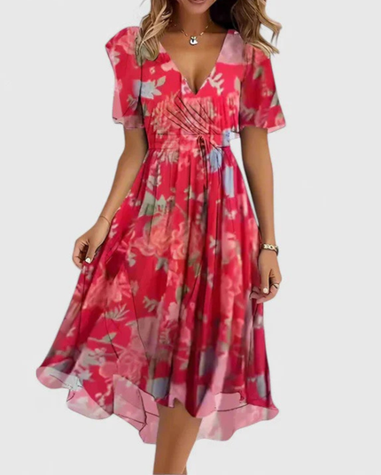 Women's Short Sleeve Midi Dress with a V-Neck and Floral Print