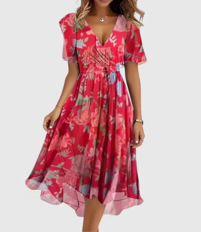 Women's Short Sleeve Midi Dress with a V-Neck and Floral Print