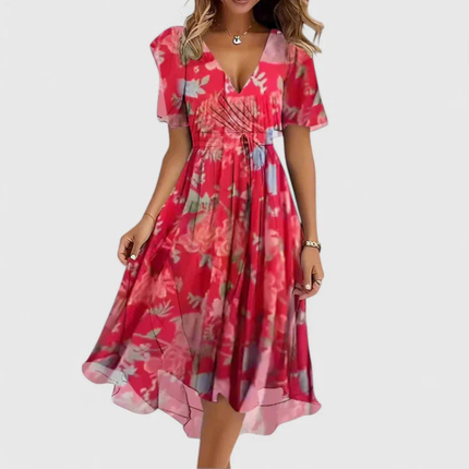 Women's Short Sleeve Midi Dress with a V-Neck and Floral Print