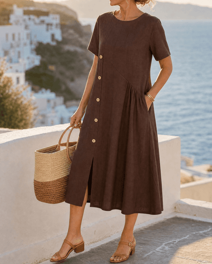 Women's Short Sleeve Midi Dress with Diagonal Buttons