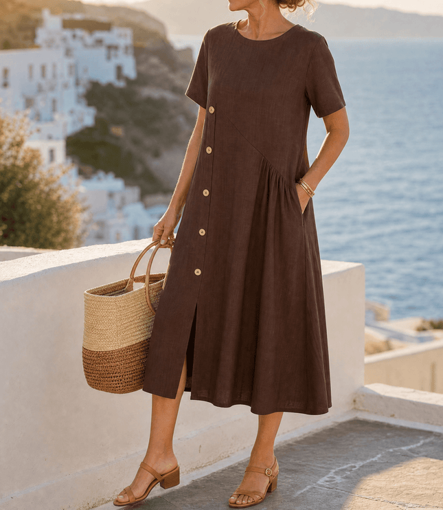 Women's Short Sleeve Midi Dress with Diagonal Buttons