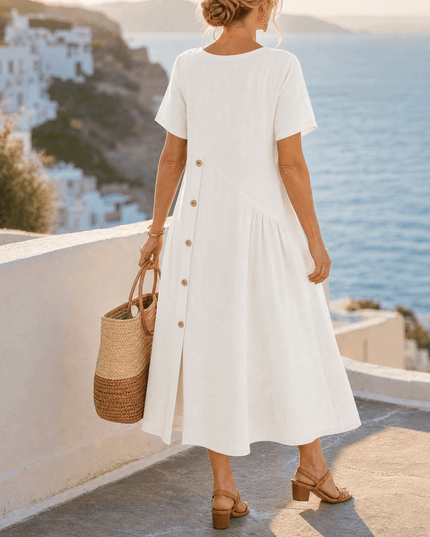 Women's Short Sleeve Midi Dress with Diagonal Buttons
