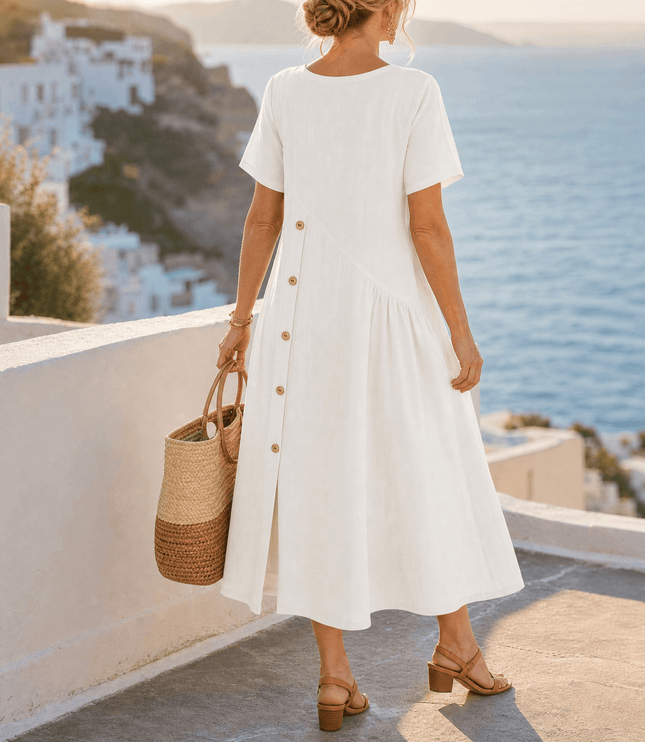 Women's Short Sleeve Midi Dress with Diagonal Buttons