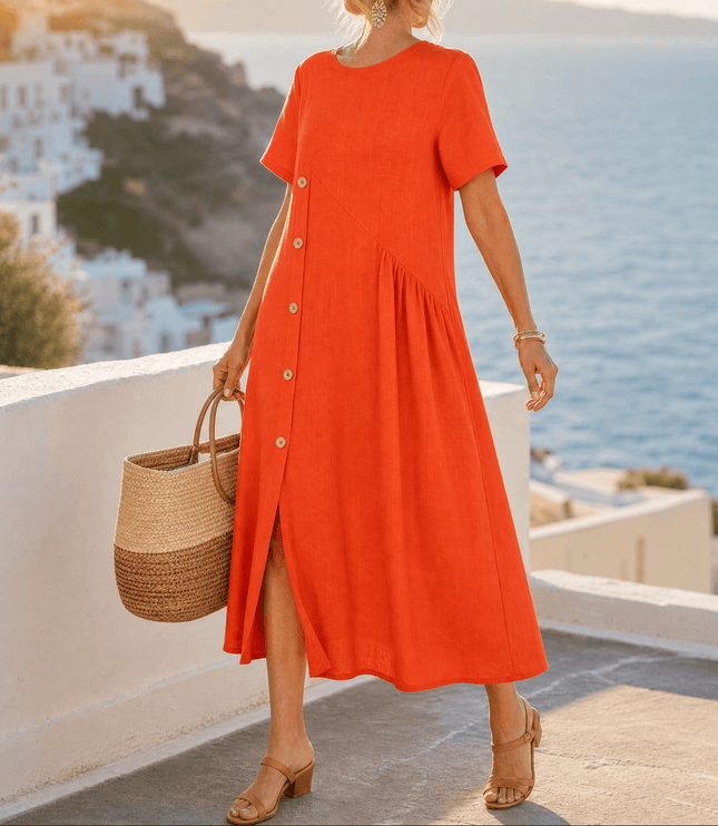 Women's Short Sleeve Midi Dress with Diagonal Buttons