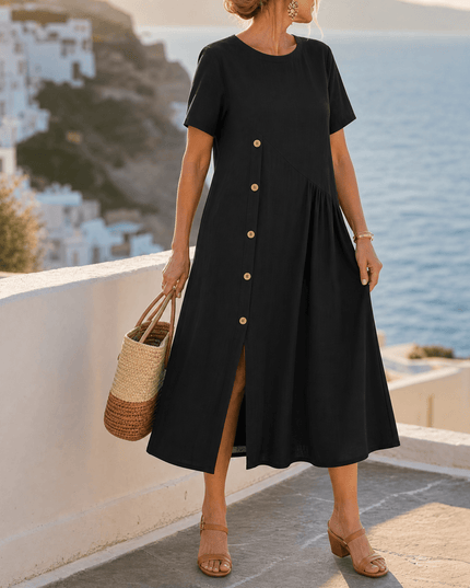 Women's Short Sleeve Midi Dress with Diagonal Buttons