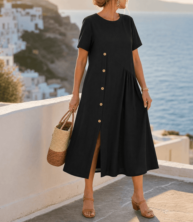 Women's Short Sleeve Midi Dress with Diagonal Buttons