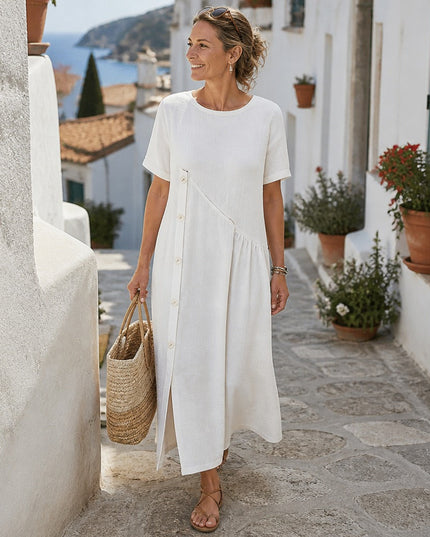 Women's Short Sleeve Midi Dress with Diagonal Buttons