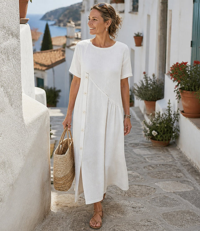 Women's Short Sleeve Midi Dress with Diagonal Buttons