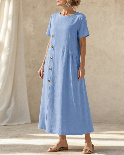 Women's Short Sleeve Midi Dress with Diagonal Buttons
