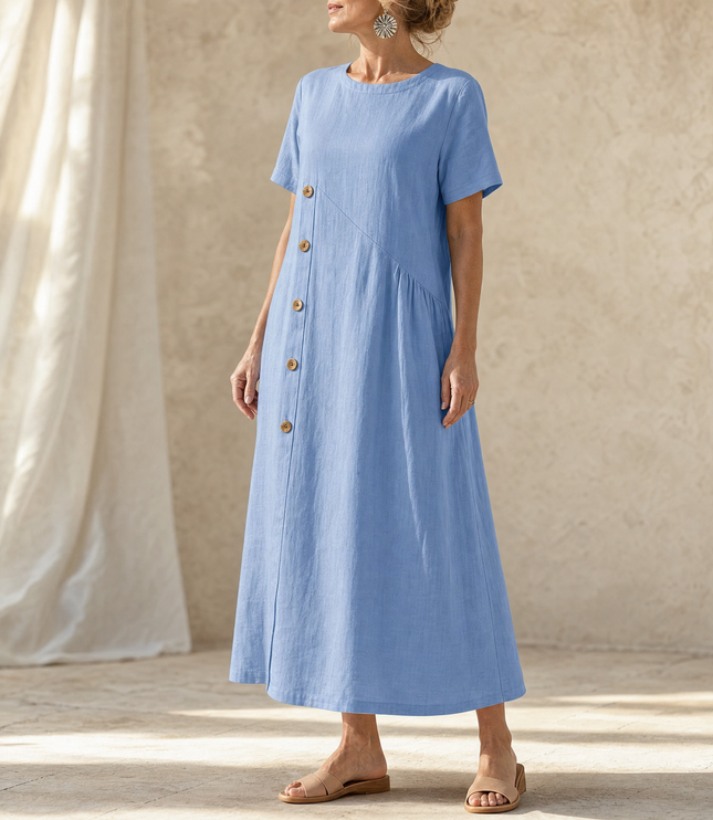 Women's Short Sleeve Midi Dress with Diagonal Buttons