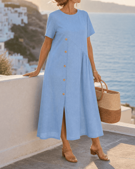 Women's Short Sleeve Midi Dress with Diagonal Buttons