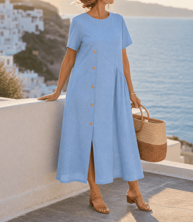 Women's Short Sleeve Midi Dress with Diagonal Buttons