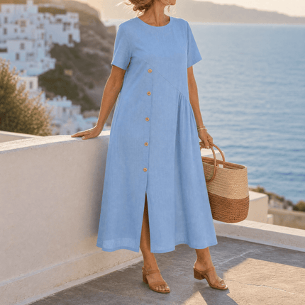 Women's Short Sleeve Midi Dress with Diagonal Buttons