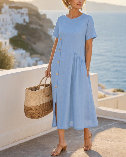 Women's Short Sleeve Midi Dress with Diagonal Buttons