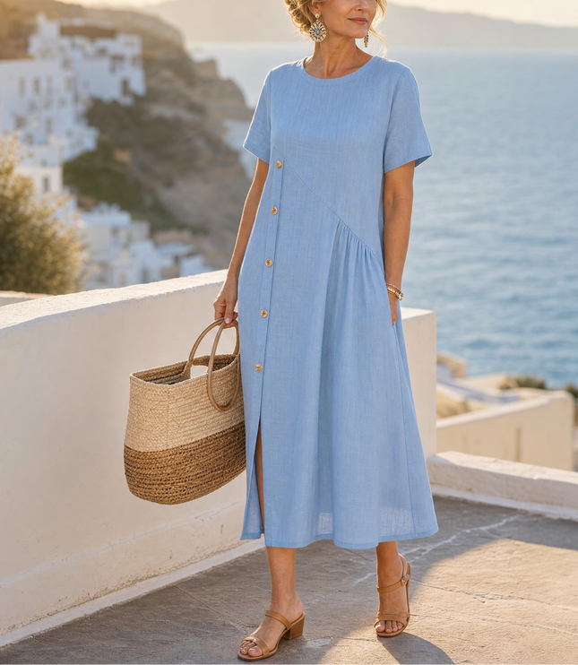 Women's Short Sleeve Midi Dress with Diagonal Buttons