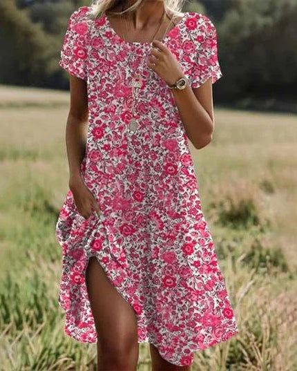Women's Short Sleeve Tiered Summer Dress with Side Slit