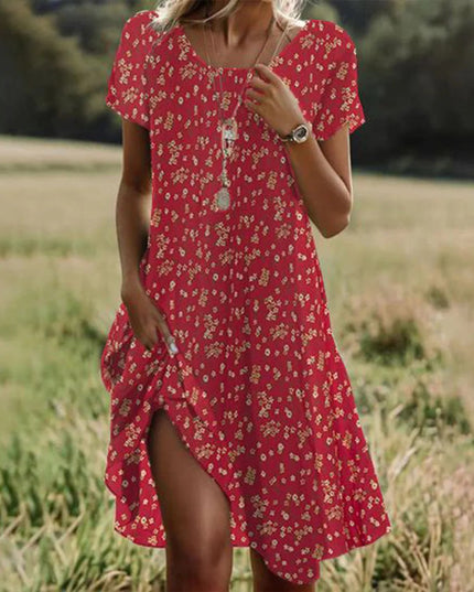 Women's Short Sleeve Tiered Summer Dress with Side Slit