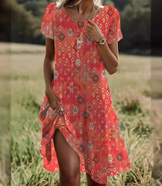 Women's Short Sleeve Tiered Summer Dress with Side Slit