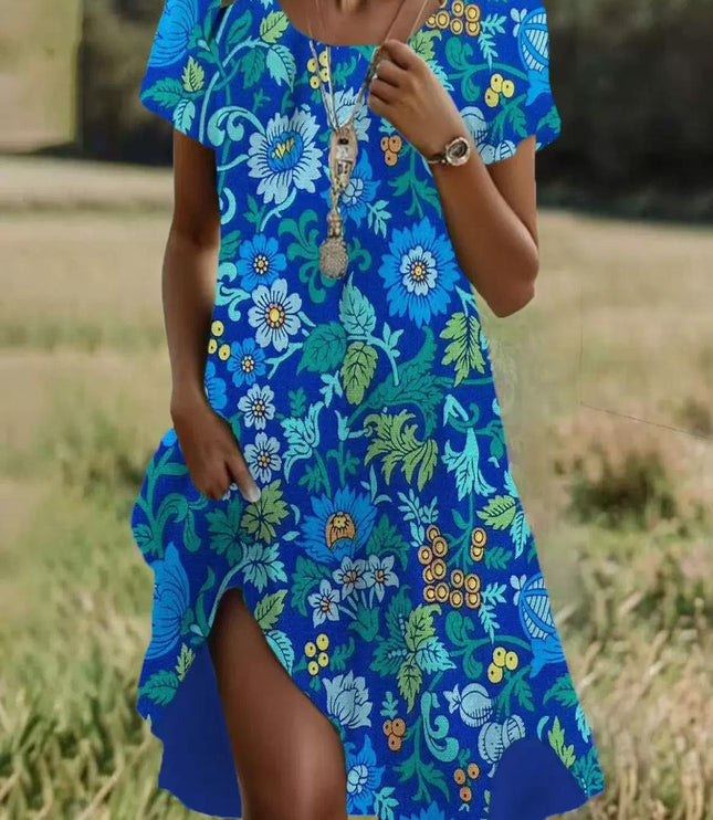 Women's Short Sleeve Tiered Summer Dress with Side Slit