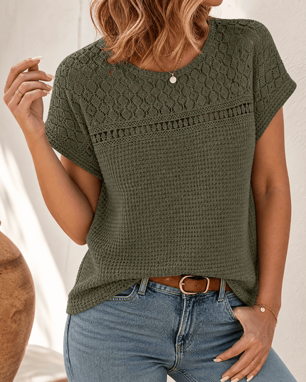 Women's Short Sleeve Top in Waffle Knit with Crochet Yoke