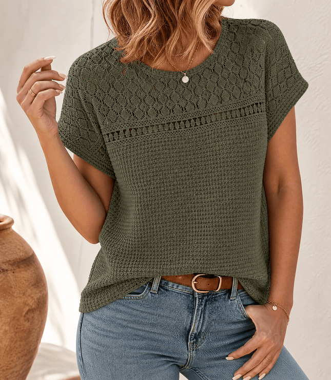Women's Short Sleeve Top in Waffle Knit with Crochet Yoke